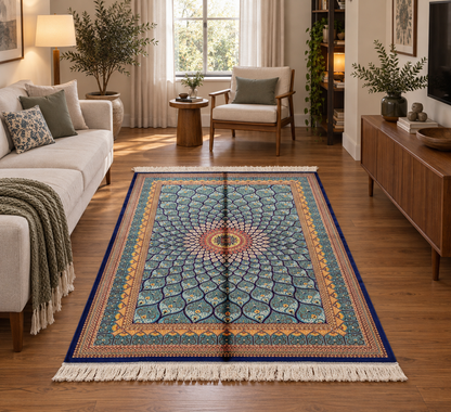 4x6 ft Turquoise Silk Rug – Teal & Navy Geometric Floral Medallion Area Rug, Elegant Statement Design