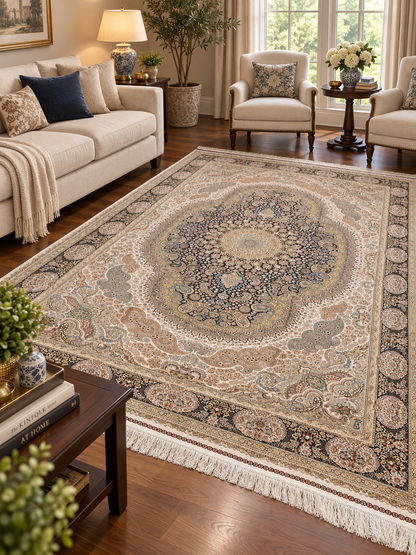 7’ x 10’ Luxury Silk Rug – Navy & Ivory Grand Medallion Design – Ornate Woven Turkish Area Rug