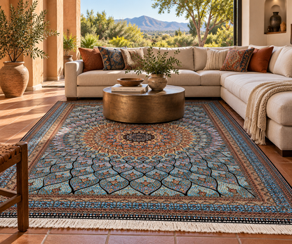 4x6 ft Silk Rug – Turquoise Blue, Gold & Black Radiating Floral Medallion Area Rug with Intricate Geometric Botanical Design
