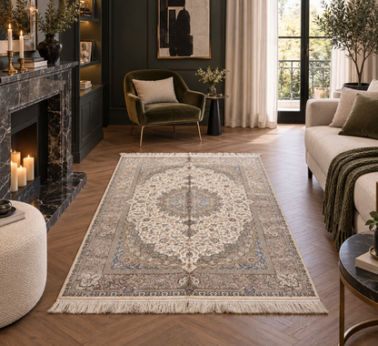 4x6 ft Ivory Silk Rug – Beige, Taupe & Soft Blue Floral Medallion Area Rug, Elegant Neutral Design