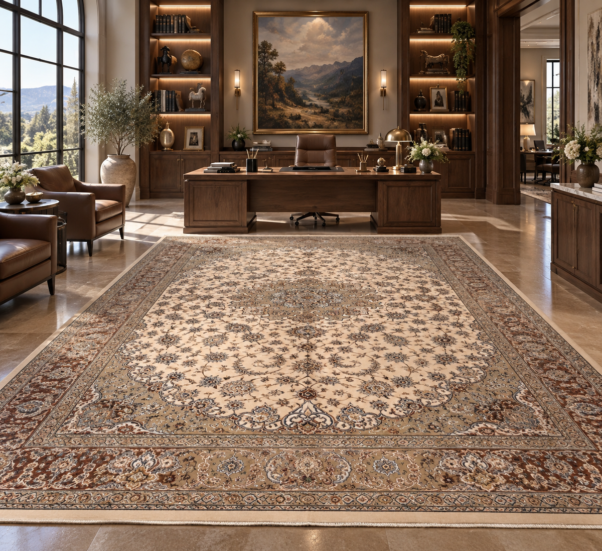 8×12 ft Silk Rug – Ivory, Beige & Taupe Medallion Area Rug, Luxury Neutral Floral Turkish Design, Extra Large Rug