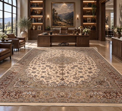 8×12 ft Silk Rug – Ivory, Beige & Taupe Medallion Area Rug, Luxury Neutral Floral Turkish Design, Extra Large Rug
