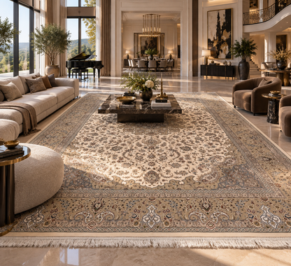 7×10 ft Silk Rug – Ivory & Beige Medallion Area Rug, Elegant Neutral Floral Turkish Design, Luxury Large Rug