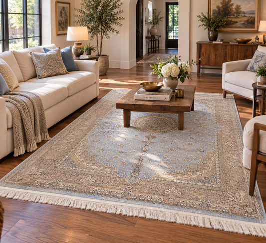 5x8 Light Blue & Beige Silk Rug – Elegant Medallion Design with Intricate Floral Details