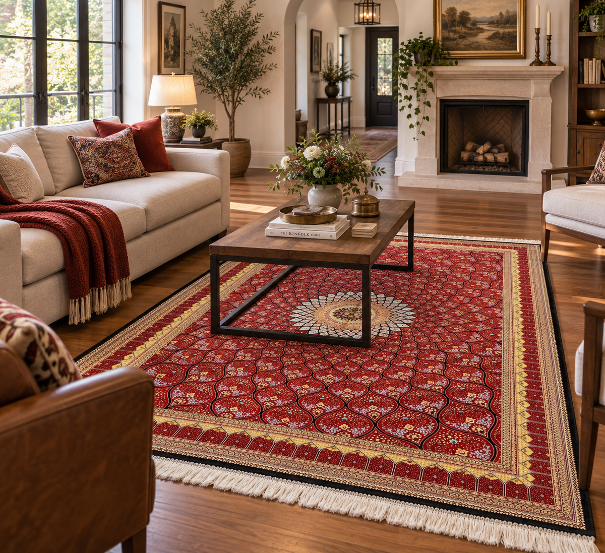 5x8 Deep Red Silk Rug – Radiant Floral Medallion Design with Black & Gold Accents