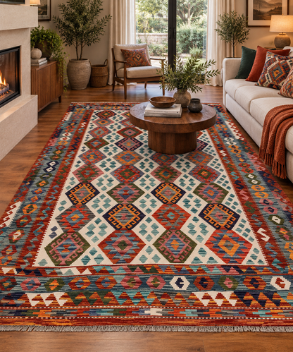 7x10 Fine Quality Handmade Turkish Kilim Rug – Handwoven Colorful Anatolian Geometric Statement Rug