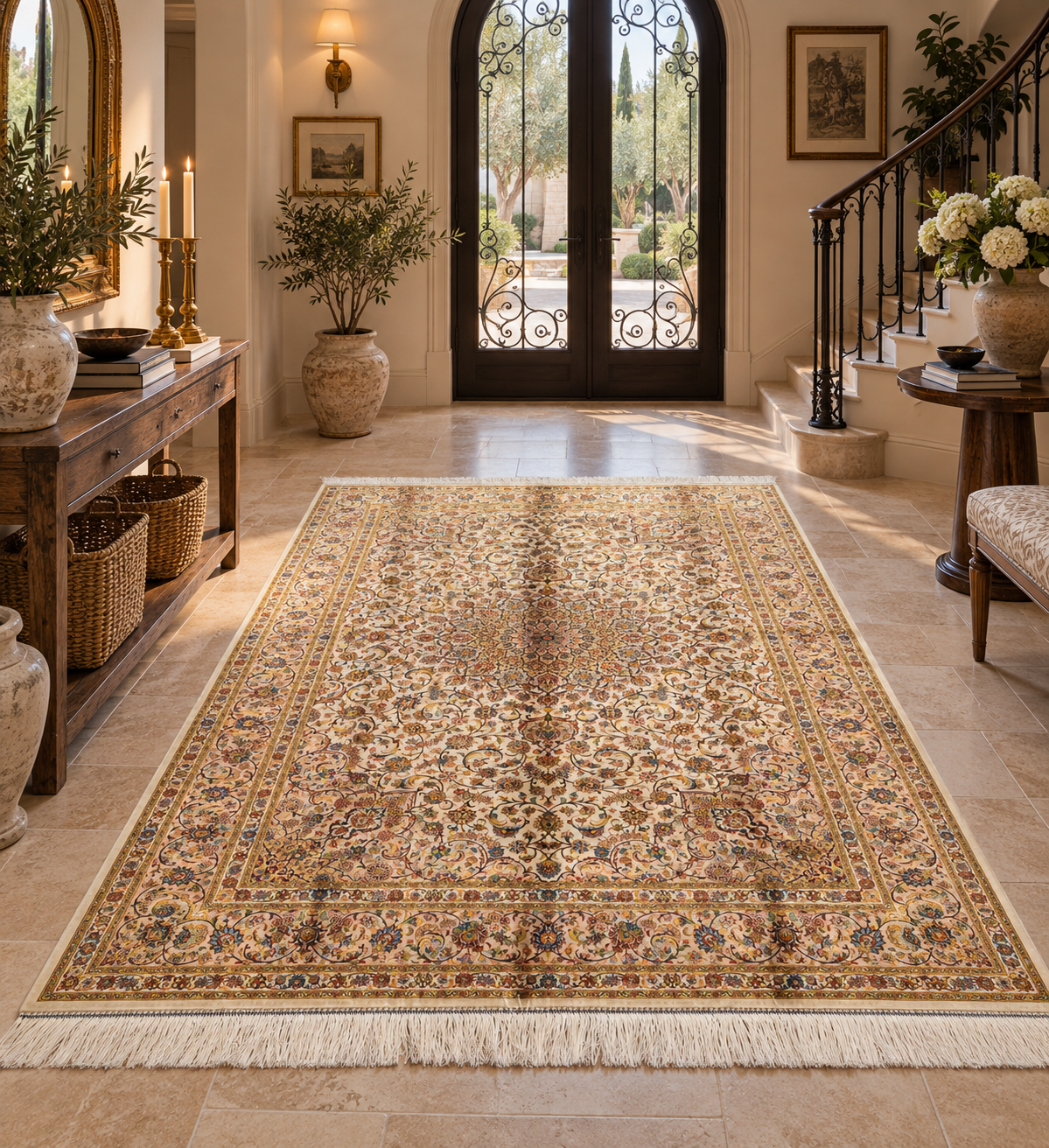 5’ x 8’ Ivory Bamboo Silk Rug – Ornate Floral Medallion Design – Luxury Woven Area Rug
