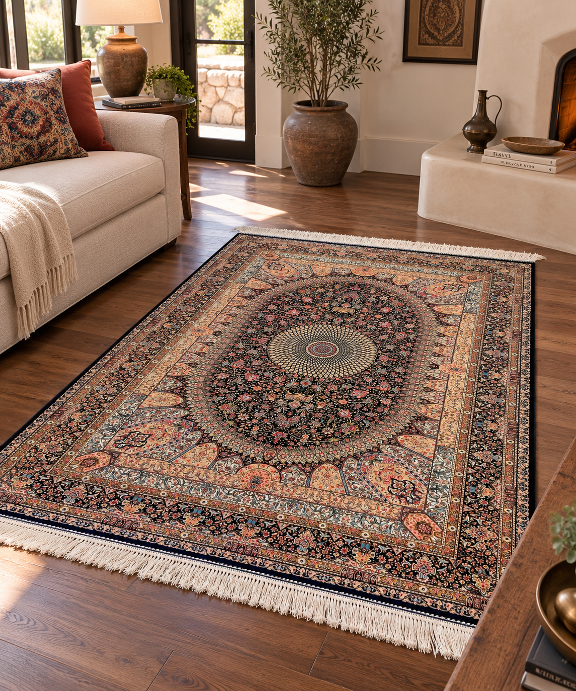 4x6 ft Silk Rug – Navy Blue & Ivory Floral Medallion Area Rug, Elegant Luxury Home Decor