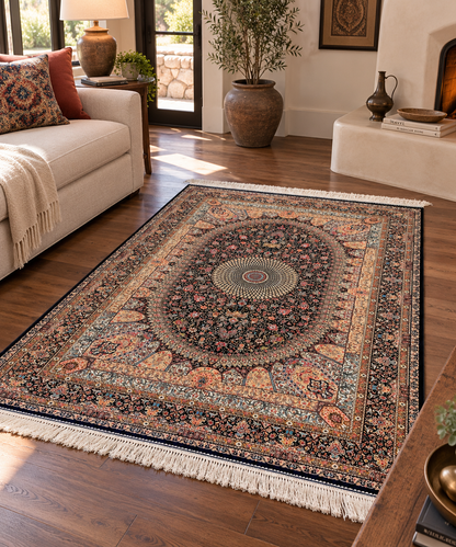 4x6 ft Silk Rug – Navy Blue & Ivory Floral Medallion Area Rug, Elegant Luxury Home Decor