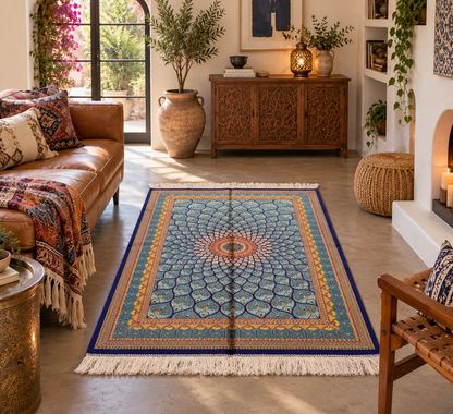 4x6 ft Turquoise Silk Rug – Teal & Navy Geometric Floral Medallion Area Rug, Luxury Statement Design