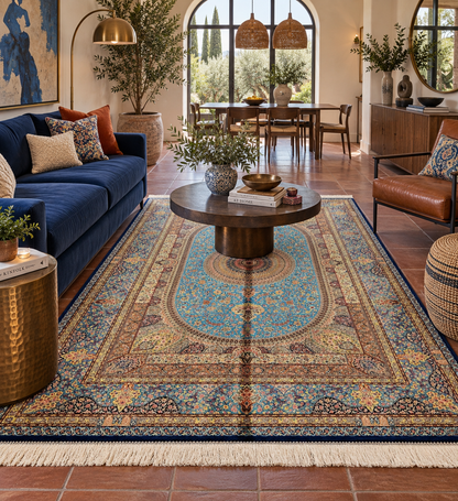 5’ x 8’ Luxury Turquoise Bamboo Silk Rug – Grand Medallion Floral Design, Navy & Gold Accents, Fine Woven Area Rug