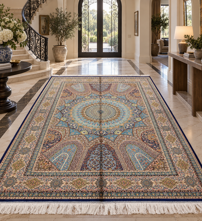 5×8 Bamboo Silk Rug – Turquoise Blue Architectural Medallion Design – Woven in Turkey