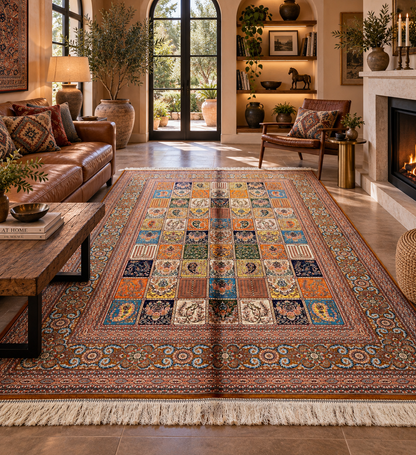 5x8 Luxury Bamboo Silk Rug – Multicolor Garden Panel Floral Design – Ornate Turkish Statement Area Rug