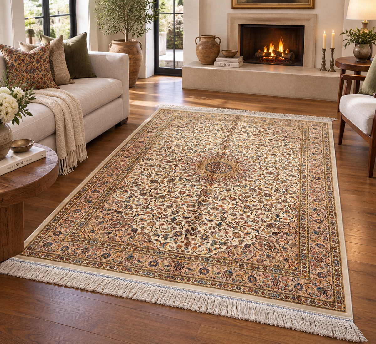 4x6 ft Silk Rug – Ivory & Cream Floral Medallion Area Rug with Elegant Multicolor Botanical Design