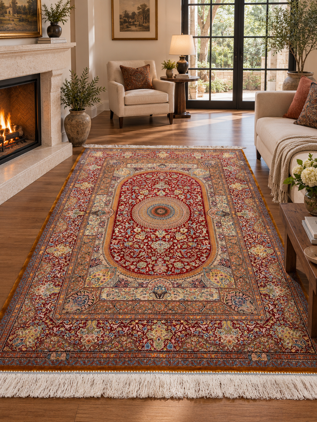 4x6 ft Silk Rug – Deep Red & Gold Floral Medallion Area Rug, Elegant Traditional Design
