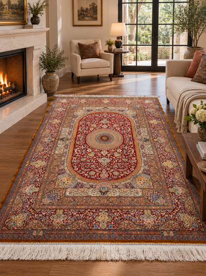 4x6 ft Silk Rug – Deep Red & Gold Floral Medallion Area Rug, Elegant Traditional Design