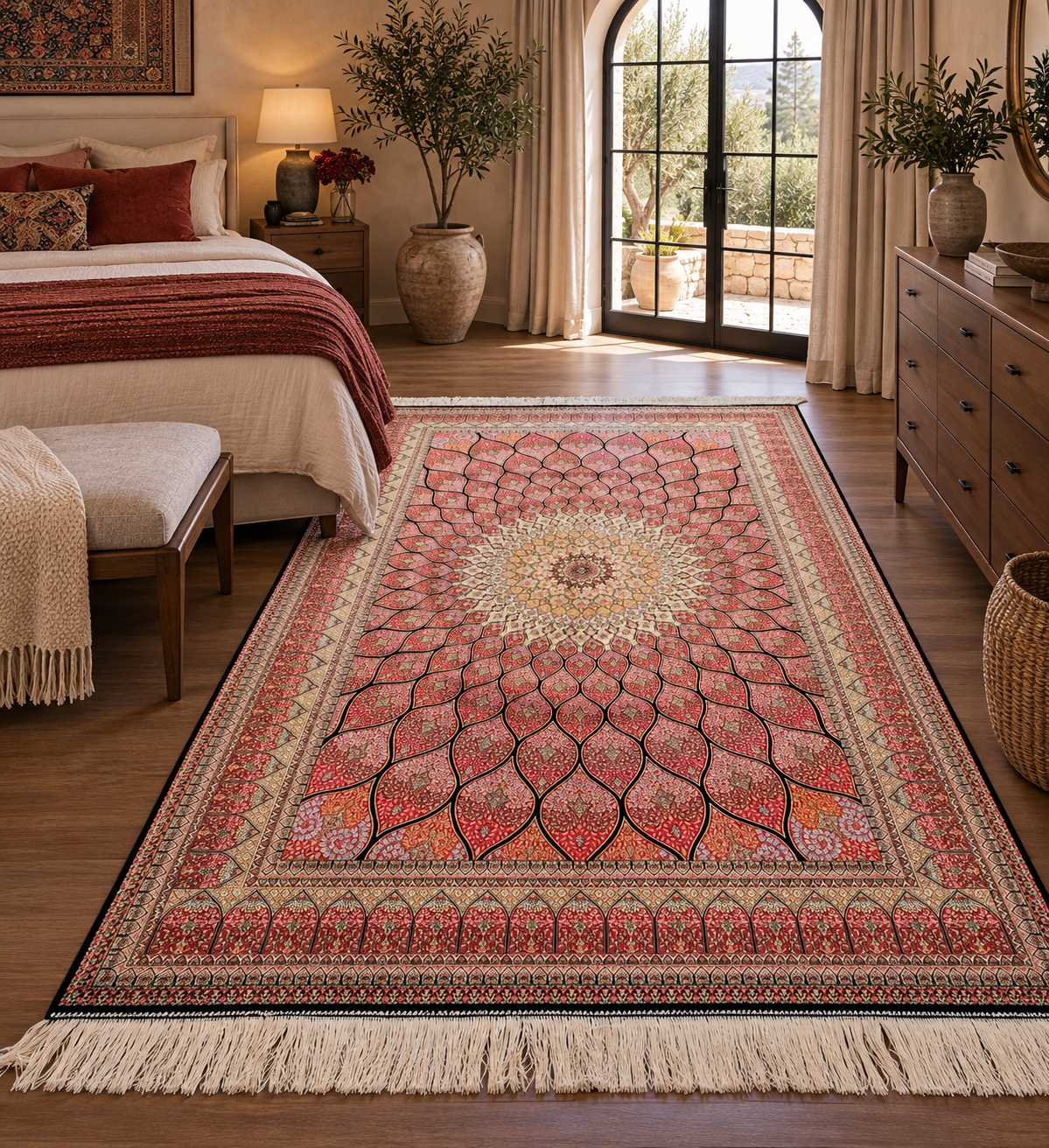 5x8 Luxury Pink Bamboo Silk Rug – Grand Floral Medallion Design – Elegant Turkish Statement Rug