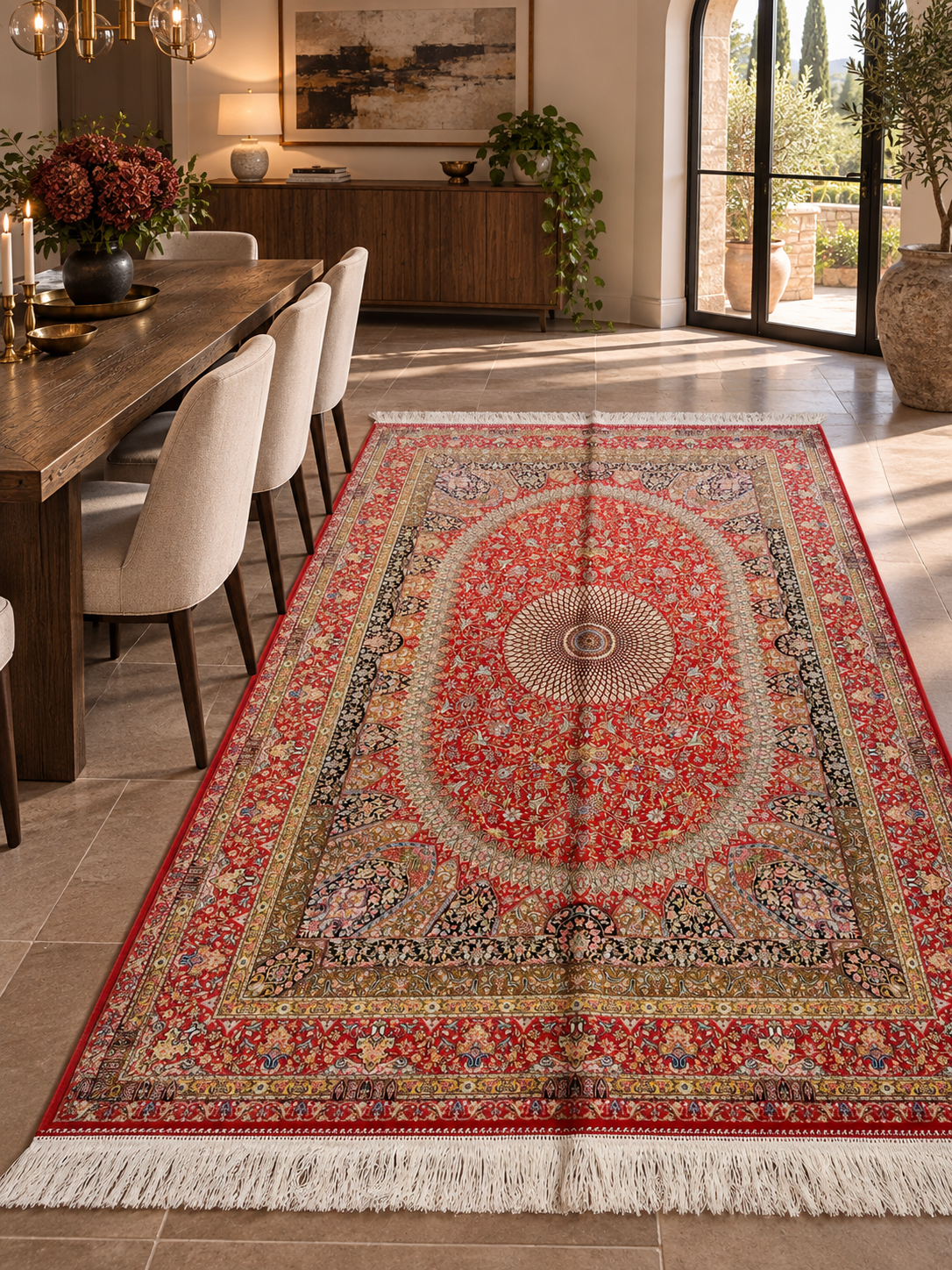 4x6 ft Red Silk Rug – Floral Medallion Area Rug, Elegant Traditional Design