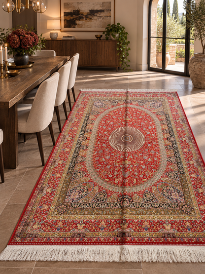 4x6 ft Red Silk Rug – Floral Medallion Area Rug, Elegant Traditional Design