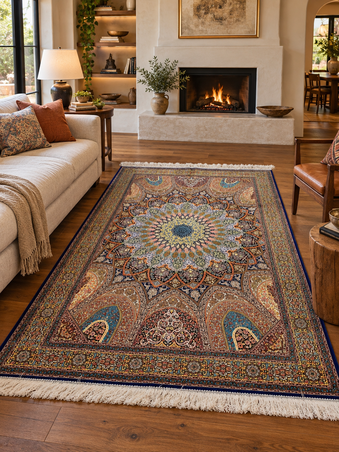 4x6 ft Silk Rug – Brown, Black & Gold Ornate Medallion Area Rug with Architectural Floral Design and Rich Multicolor Details