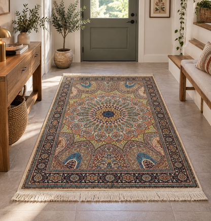 4x6 ft Silk Rug – Navy, Turquoise & Gold Ornate Medallion Area Rug, Luxury Statement Design