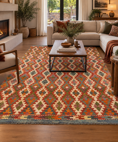 7x9 Fine Quality Handmade Turkish Kilim Rug – Colorful Diamond Geometric Handwoven Area Rug
