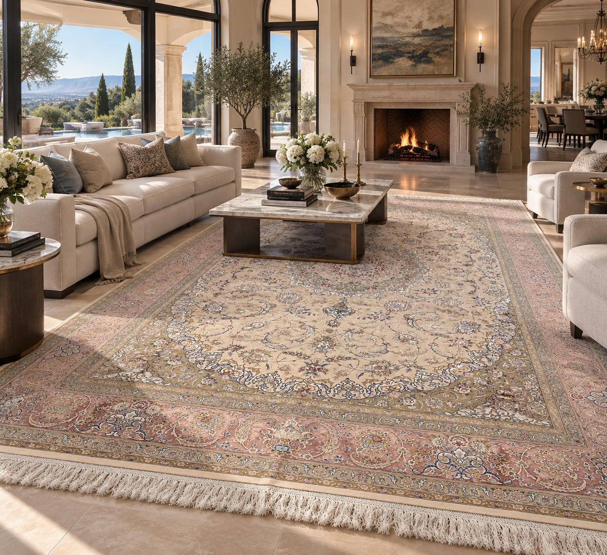 8×12 ft Silk Rug – Ivory, Blush Pink & Beige Medallion Area Rug, Luxury Floral Turkish Design, Extra Large Rug