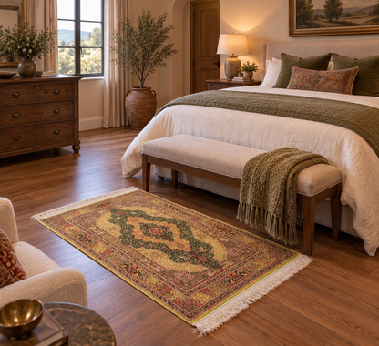 3x5 ft Green Bamboo Silk Rug – Ornate Floral Medallion Design, Black & Burgundy Details, Luxury Silk Accent Rug