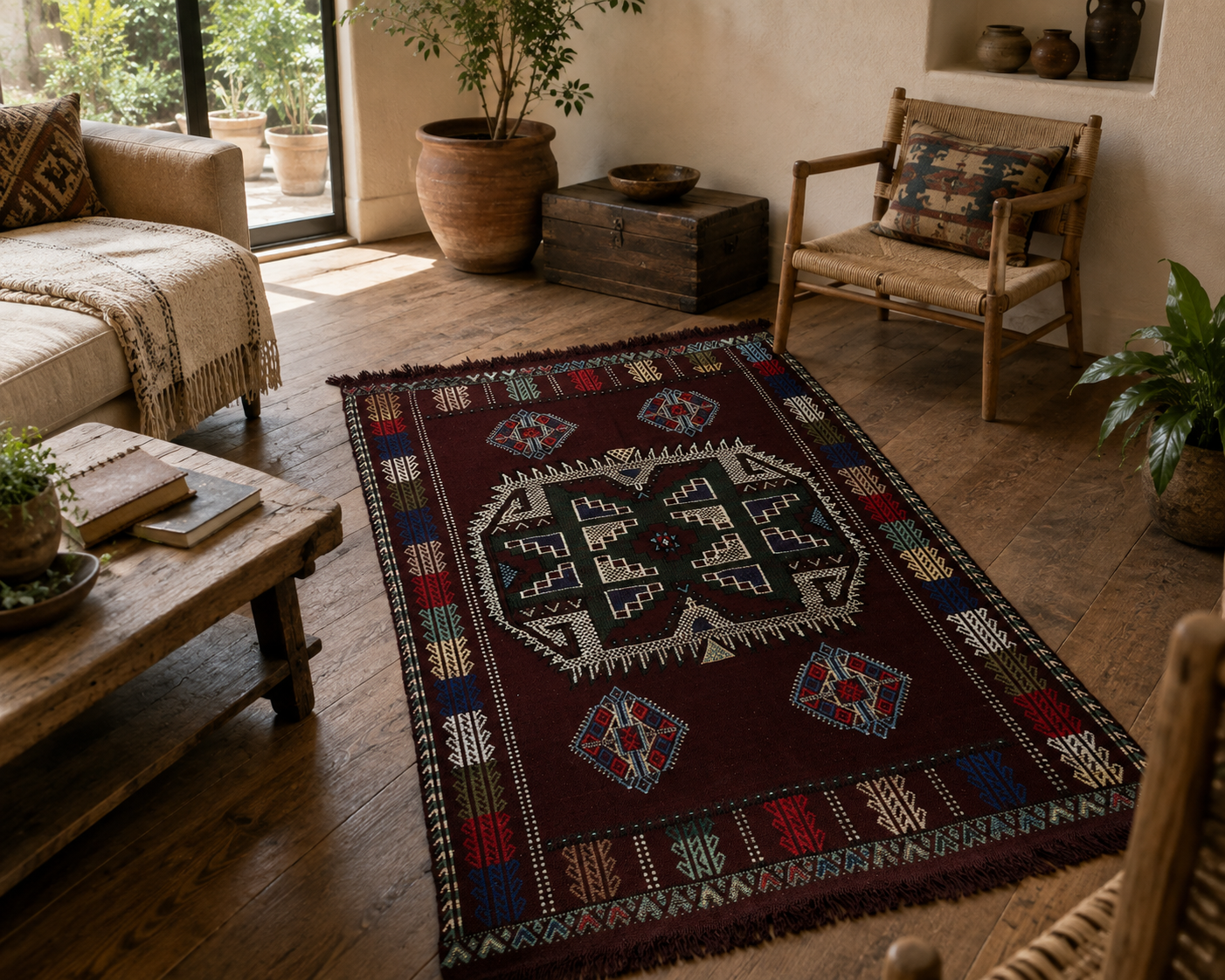 Vintage Turkish Embroidered Kilim Rug – 6’5” × 4’0” – Approx. 70 Years Old – Traditional Anatolian Textile