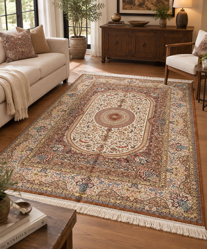 4x6 ft Bamboo Silk Rug – Ivory & Mocha Floral Medallion Area Rug – Elegant Luxury Silk Rug