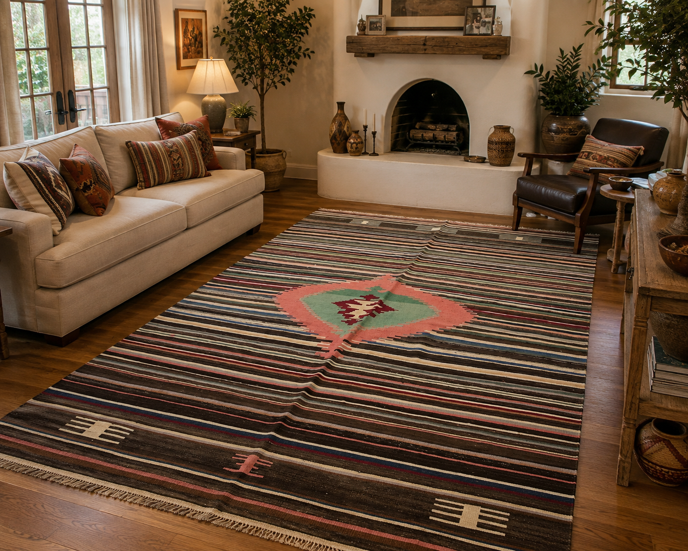 Handwoven Turkish Wool Kilim Rug – 9.3 ft × 5.8 ft | Traditional Striped Tribal Design | Handmade Flat Weave