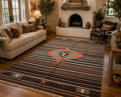 Handwoven Turkish Wool Kilim Rug – 9.3 ft × 5.8 ft | Traditional Striped Tribal Design | Handmade Flat Weave