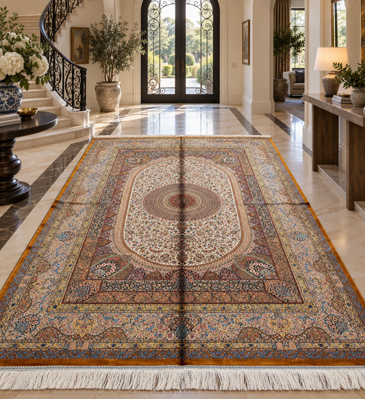 5x8 Ivory & Rust Silk Rug – Intricate Floral Medallion Design with Ornate Border
