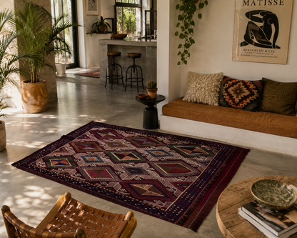 Vintage Turkish Embroidered Kilim Rug – 5’2” × 4’1” – Approx. 50 Years Old – Handcrafted Anatolian Wool Kilim