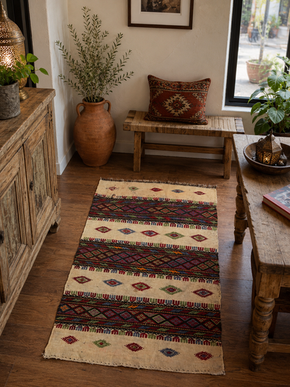 Vintage Turkish Embroidered Kilim Rug – 4’2” × 2’6” – Wool & Goat Hair – Traditional Anatolian Textile