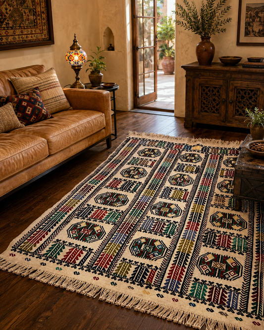 Vintage Turkish Embroidered Kilim Rug – 4’7” × 3’8” – Colorful Anatolian Decorative Textile
