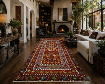 Large Antique Handwoven Wool Kilim Rug – 10.8 ft × 5.5 ft | Approximately 80–90 Years Old | Traditional Geometric Tribal Design