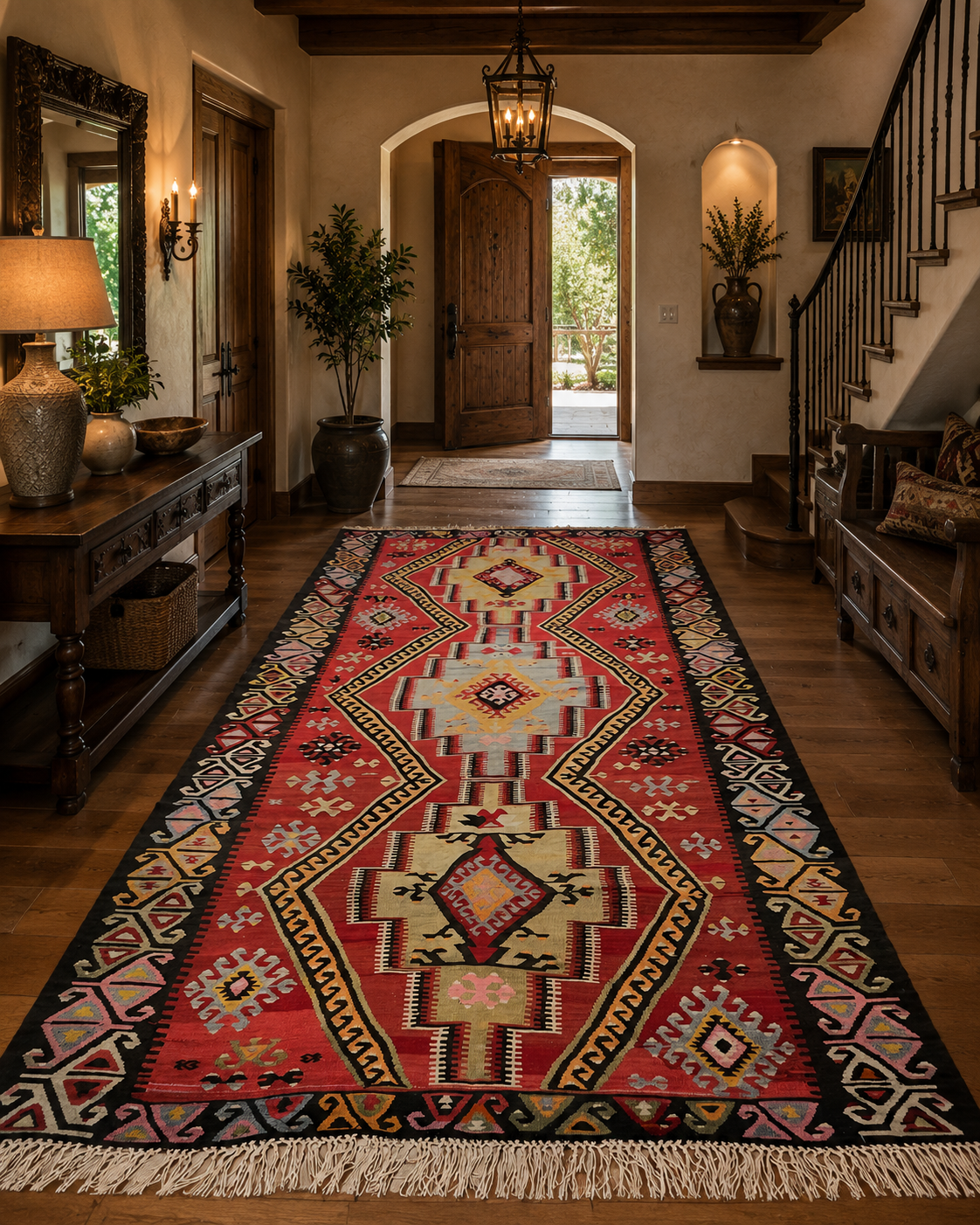 Large Antique Handwoven Wool Kilim Runner – 13.1 ft × 4.8 ft | Approximately 80 Years Old | Traditional Geometric Tribal Design
