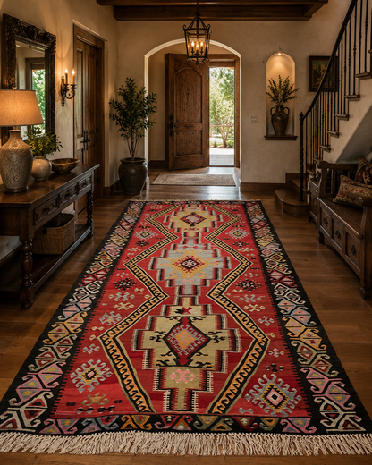 Large Antique Handwoven Wool Kilim Runner – 13.1 ft × 4.8 ft | Approximately 80 Years Old | Traditional Geometric Tribal Design