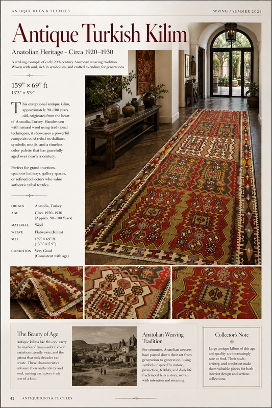 Antique Handwoven Turkish Anatolian Kilim Rug – 13’3” × 5’9” – Approx. 90–100 Years Old – Large Vintage Tribal Wool Area Rug with Authentic Geometric Motifs