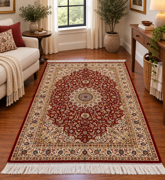 3x5 ft Silk Rug – Rich Red Medallion Design, Ivory Floral Border, Classic Luxury Area Rug
