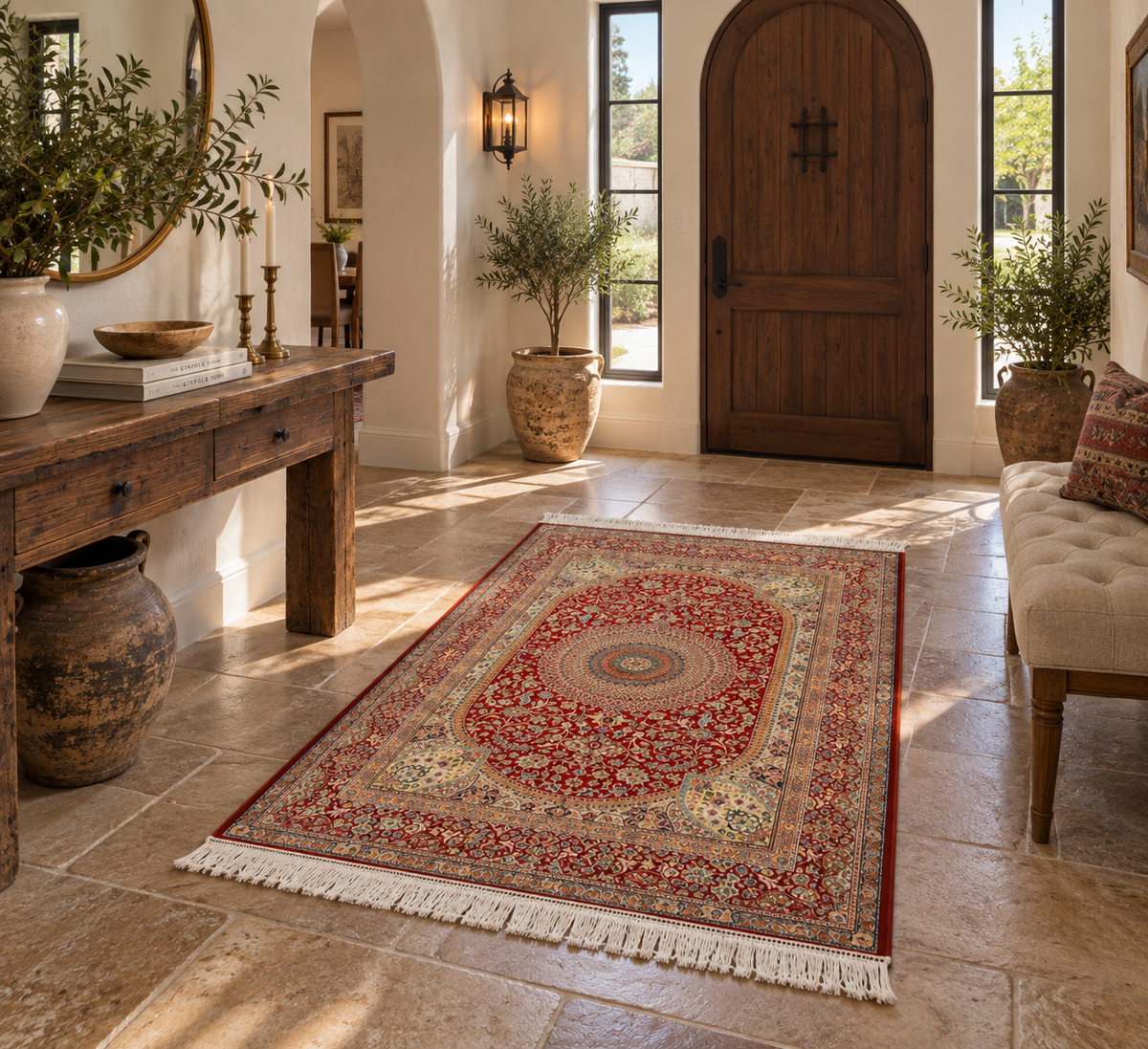 3’×5’ Luxury Red Silk Rug – Elegant Floral Medallion Design with Rich Traditional Details