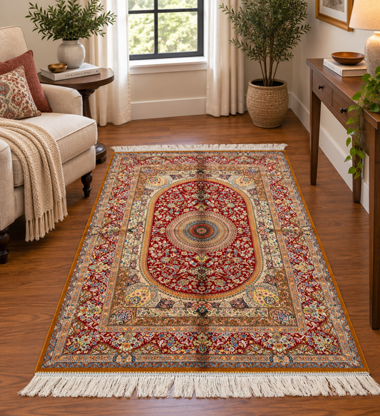 3x5 ft Silk Rug – Rich Red Oval Medallion Design, Ornate Floral Luxury Area Rug