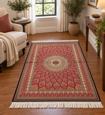 3x5 ft Silk Rug – Pink Radiating Medallion Design, Ornate Floral Luxury Area Rug