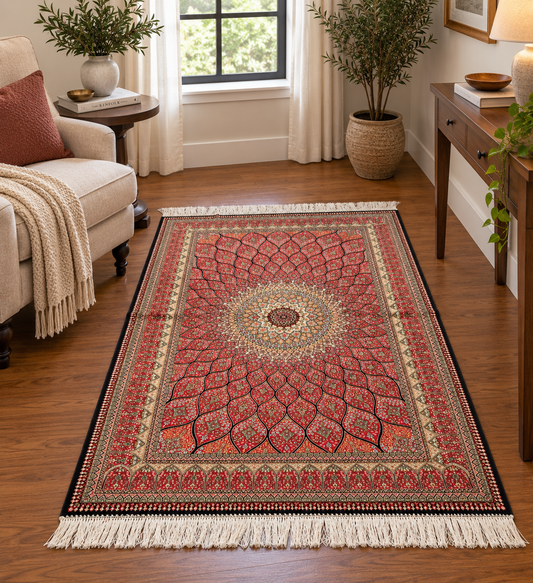 3x5 ft Silk Rug – Pink Radiating Medallion Design, Ornate Floral Luxury Area Rug