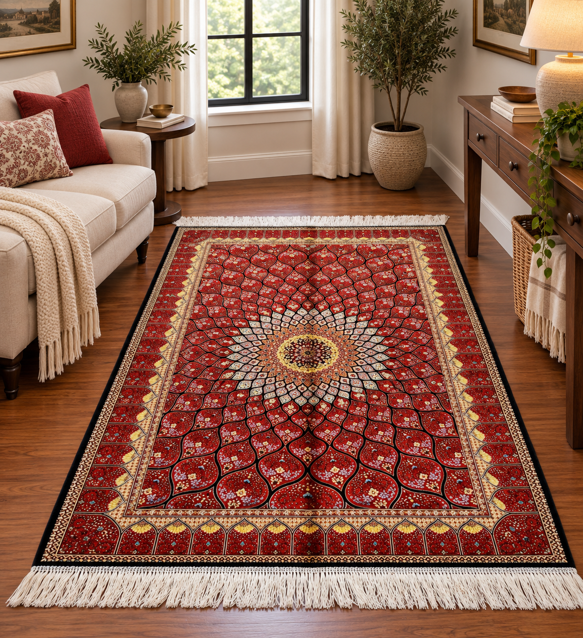 3x5 ft Silk Rug – Rich Red Geometric Medallion Design, Statement Luxury Area Rug