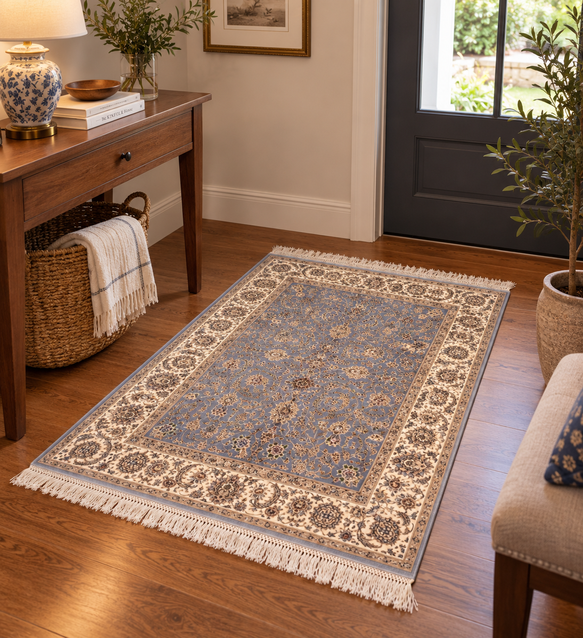 3x5 ft Light Blue Bamboo Silk Rug – Ivory Floral Border, Elegant Classic Design, Luxury Silk Accent Rug for Living Room & Bedroom
