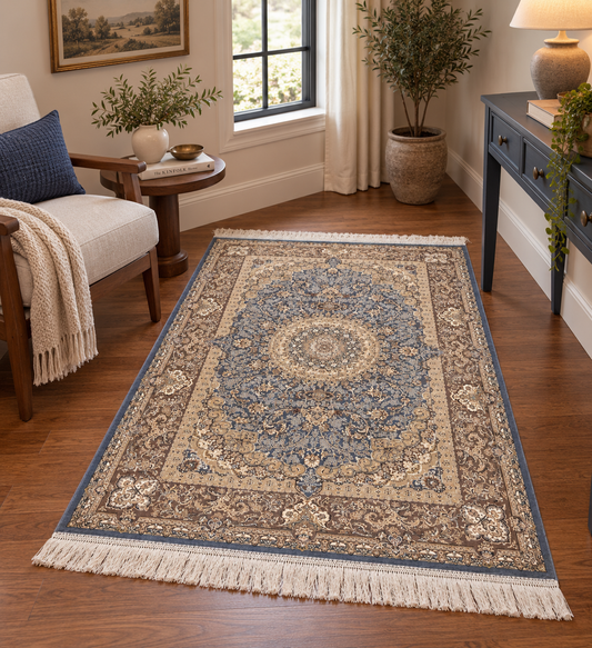 3x5 ft Light Blue Bamboo Silk Rug – Elegant Medallion Design, Beige & Taupe Luxury Silk Rug, Classic Accent Rug for Living Room & Bedroom