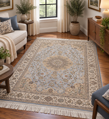 3x5 ft Light Blue & Beige Bamboo Silk Rug – Ornate Floral Medallion Design, Elegant Classic Silk Area Rug