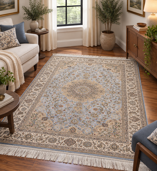 3x5 ft Light Blue & Beige Bamboo Silk Rug – Ornate Floral Medallion Design, Elegant Classic Silk Area Rug